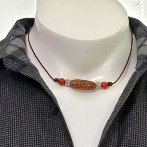 Tibetan Dzi Agate 9 Eye Stone Bead 18 Inch Leather Cord Necklace